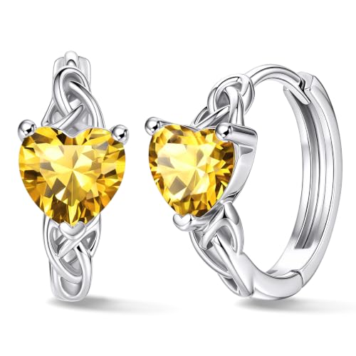 Bestyle 925 Sterling Silver Huggie Hoop Earrings Small Birthstone Hoop Earrings for Women Hypoallergenic Silver Huggie Earring,Great Birthday Earrings Gift for Daughter Wife Mom - color: 11-Yellow Topaz-Hoop