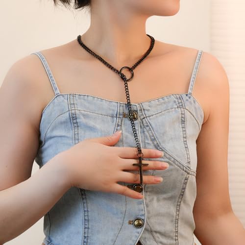 Slip Chain Choker for Women Handmade Black Stainless Steel Cuban Chain Chunky Moon Bat Raven Skull Pendant Gothic Punk Rock Collar Adjustable Lariat Y Necklace for Men - style: gothic Goth