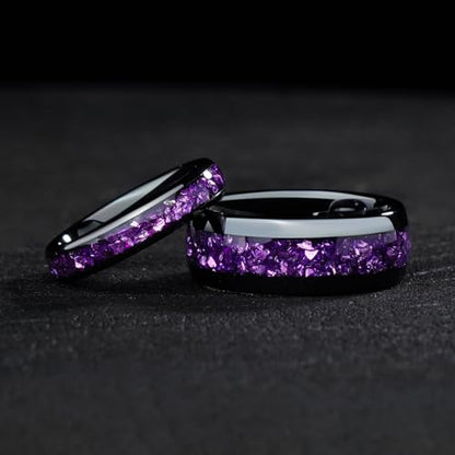 4mm 6mm 8mm Tungsten Rings With Various Inlay Materials Couples Matching Engagement Wedding Promise Matching Ring Set for Women Men - color: Black Amethyst 4mm