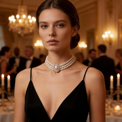 Pearl choker necklaces for women, 3 Row Faux Pearl Necklace Choker with Crystal Rhinestone Centerpiece, Vintage Layered Statement Collar for Wedding Party Evening Costume Jewelry