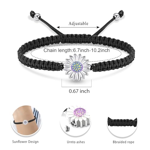 Sunflower Cremation Urn Bracelet for Adjustable Boho Daisy Handmade Cremation Jewelry Braided Rope Bracelets for Women Jewelry Gift With Funnel Kit & Bag - color: Silver+Rainbow