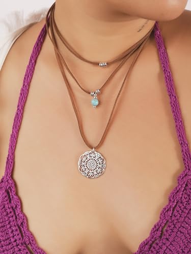 MINACHI Bohemian Retro Style Multi Layer Necklace, Green Crystal Sun and Floral Pendant, Ethnic Jewelry for Women - style: Necklace 7L-UJ7U