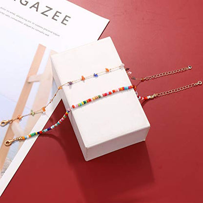 Boho Beaded Ankle Bracelet Beach 18 K Gold Plated Anklet Bracelets Handmade Colorful Seed Beads Butterfly Evil Eye Heart Link Chain Anklet Pack Cute Summer Foot Jewelry for Women - style: beaded ankle bracelet B set