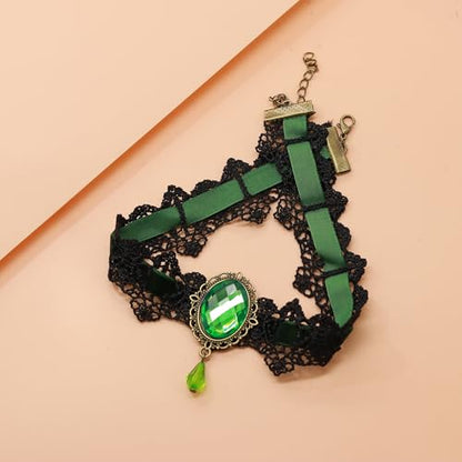 AILUOR Punk Rock Wedding Party Handmade Black Lace Choker, Gothic Retro Lolita Beads Chain Vampire Pendant Necklace for Women Halloween - color: Green