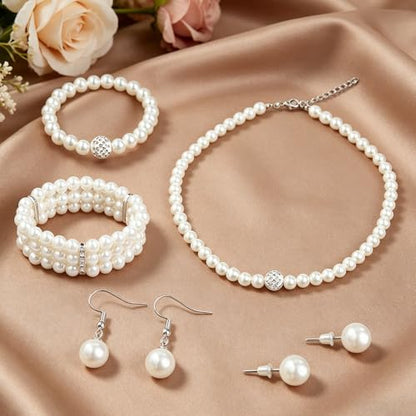 5Pcs Faux Pearl Jewelry Set for Women Adult Pearls Costume Jewelry Simulated Rhinestone Necklace Earrings Bracelet Set for Wedding Mother's Day Bridal Shower Party Accessories