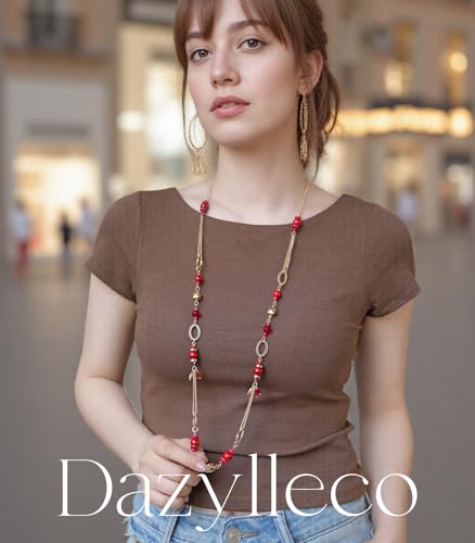 Long Gold Boho Necklaces for Women Beaded Statement Chain Long Necklace Gold Costume Jewelry Birthday Gifts for Her - color: Dark Red