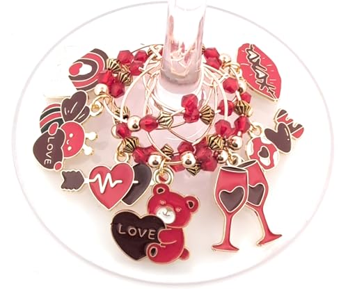 Pixie Valentine’s Day Wine Charms 8-Piece Set – Red & Gold Enamel Hearts, Wine Glass Markers for Parties, Gifts & Party Favors