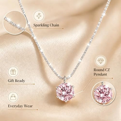 Women S925 Silver Necklace with Sparkling 3D Cubic Zirconia Pendant, Hypoallergenic Fashion Jewelry for Banquet and Wedding, Great Valentine’s Day and Mother’s Day Gift - color: Pink