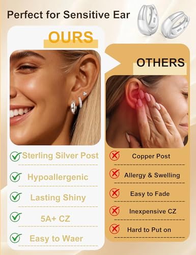 Small Gold Earring Stack Trendy 925 Sterling Silver Earrings for Women Hypoallergenic 14K Gold Plated Cubic Zirconia Stud Hoop Non Tarnish Huggie Hoop Earrings Set for Multiple Piercing Jewelry Gift - style: Silver: 2 Pairs of Hoops + 1 Pair of Studs