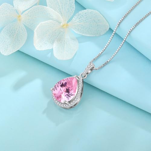 FJ Teardrop Pendant Necklace 925 Sterling Silver Birthstone Jewelry for Women - color: 10 October-Pink Tourmaline