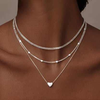 WomenGifts Layered Gold Necklaces for Women, 14K Gold Sterling Silver Plated Dainty Pendant Necklace Set Non Tarnish, Chunky Stackable Cuban Chain Choker, Trendy Birthstone Vacation Jewelry Gift - color: Silver, style: Heart Trio
