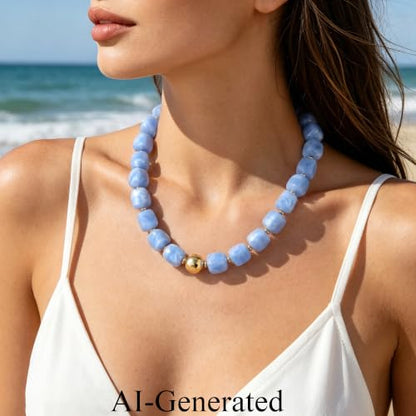 Ritach Chunky Beaded Necklaces for Women - Colorful Large Square Acrylic Beaded Necklace Boho Chunky Necklace Adjustable Statement Choker Necklace for Women Waterproof Summer Beach Jewelry Gifts - color: Sky Blue