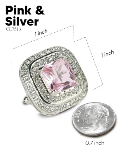 Square Colored Crystal Double Diamond Set Cufflinks - color: Pink/Silver