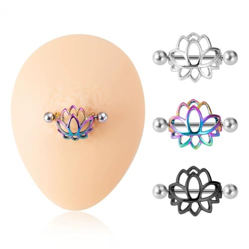 14G Stainless Steel Lotus Nipple Rings for Women Silver Black Colorful Flower Floral Nipple Shield Ring Straight Bar Nipplerings Nipple Barbell Body Piercing Jewelry - color: Silver