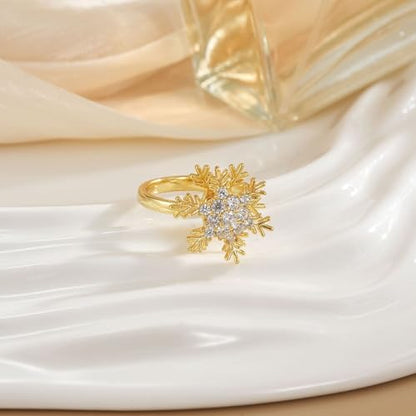 Sunflower Fidget Ring for Women Gold Anxiety Crystal Rings Cubic Zirconia Sunflower Open Adjustable Fidget Ring Spinner Sun Ring for Men Trendy Jewelry - color: Snowflake