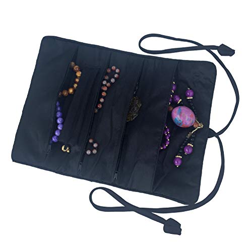 Travel Jewelry Roll Bag - Silk Embroidered Brocade Pouch for Rings, Necklaces, Earrings, Bracelets | Lightweight & Tie Closure (Black) - color: Black