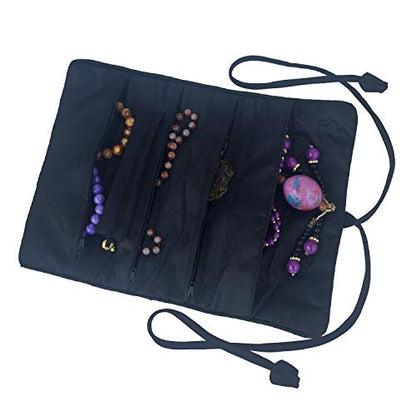 Travel Jewelry Roll Bag - Silk Embroidered Brocade Pouch for Rings, Necklaces, Earrings, Bracelets | Lightweight & Tie Closure (Black) - color: Black