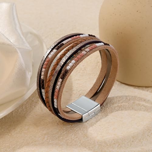 Wrapped Bracelets for Women,Leather Boho Bracelets for Women - color: Boho-Khaki