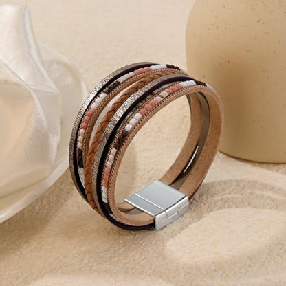 Wrapped Bracelets for Women,Leather Boho Bracelets for Women - color: Boho-Khaki