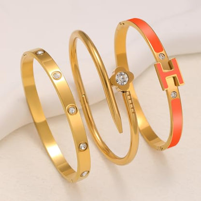 3Pcs Gold Bracelets for Women 14K Gold Plated Love/H/Nail Bangle Bracelet Dainty Non Tarnish Bracelet Jewelry Christmas Mothers Day Gifts for Women - color: 3Pcs Gold/Orange H bracelet