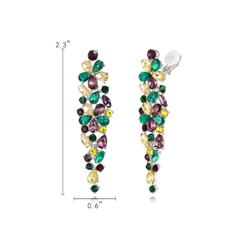 EleQueen Women's Sparkle Statement Clip-On Chandelier Earrings | Marquise Crystals Earrings for Women, Art Deco Prom Jewelry for Wedding Bride Bridesmaid - color: Mardi Gras Yellow Green Purple