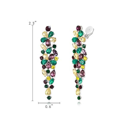 EleQueen Women's Sparkle Statement Clip-On Chandelier Earrings | Marquise Crystals Earrings for Women, Art Deco Prom Jewelry for Wedding Bride Bridesmaid - color: Mardi Gras Yellow Green Purple