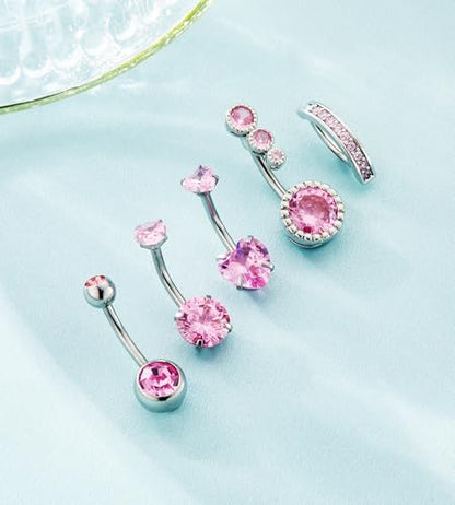 BSJ4U Belly Button Rings Gold Plated Silver Pink Clear CZ Belly Rings for Women Heart Bow Flower Butterfly Teardrop Dangle Navel Belly Button Piercing Jewelry - color: Silver Pink Classic Belly Button Rings
