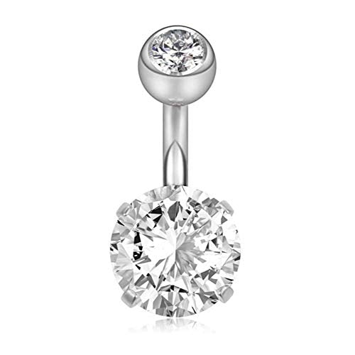 YHMM 14G 6mm Short Bar, 10mm Normal Bar Stainless Steel Belly Button Rings Round Cubic Zirconia Navel Barbell Stud Body Piercing - color: 6mm bar,2Pcs Silver