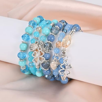 Bohemian Bracelet Sets for Women - 6 Sets Stackable Stretch Bracelets Multi-color Boho Jewelry for Women Hippie Bracelets Dainty Jewelry - color: Lucky grass stretch bracelet