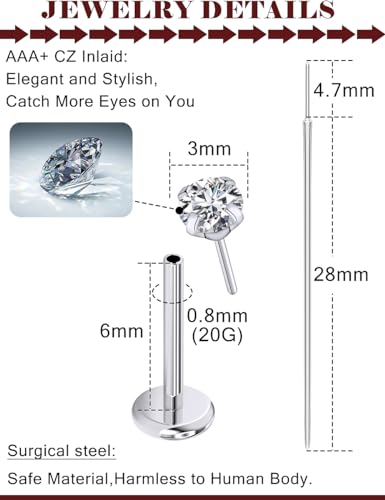 Prjndjw Threadless Nose Rings Stud 20G 18G 16G Flat Back Nose Stud Surgical Steel Push In Nose Rings Opal Heart CZ Hypoallergenic Nose Piercing Lip Medusa Tragus Studs Earrings Piercing Taper - color: 20G=0.8mm -6mm Length
