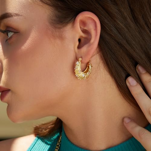FRUMOS 18K Gold Plated Chunky Hoop Earrings for Women Fashion Thick Gold Hoops Set Jewelry for Birthday Christmas Gifts - color: Gold CZ Paved Chunky Hoop