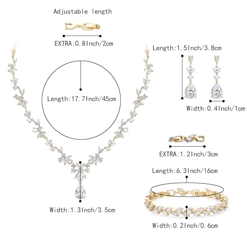Gorgeous Wedding Jewelry Set for Women Bridal Cubic Zirconia Marquise Teardrop Leaf Cluster Y-Necklace Dangle Earrings Link Bracelet - color: 01-Clear Gold-Plated-Brass