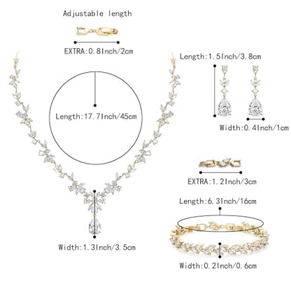 Gorgeous Wedding Jewelry Set for Women Bridal Cubic Zirconia Marquise Teardrop Leaf Cluster Y-Necklace Dangle Earrings Link Bracelet - color: 01-Clear Gold-Plated-Brass