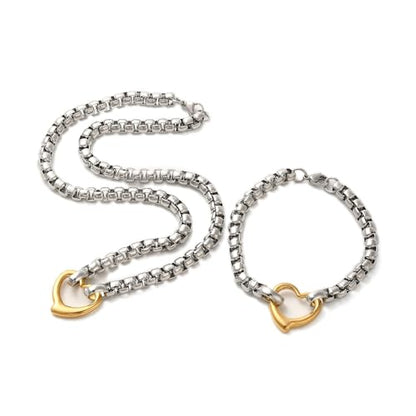 2set Stainless Steel Heart Pendant Necklaces Bracelets Sets for Women Stainless Steel Box Chain Jewelry for Gift, Necklaces: 21.06 inch(535mm) long, Bracelets: 8.94 inch(227mm) long - color: Golden & Stainless Steel Color