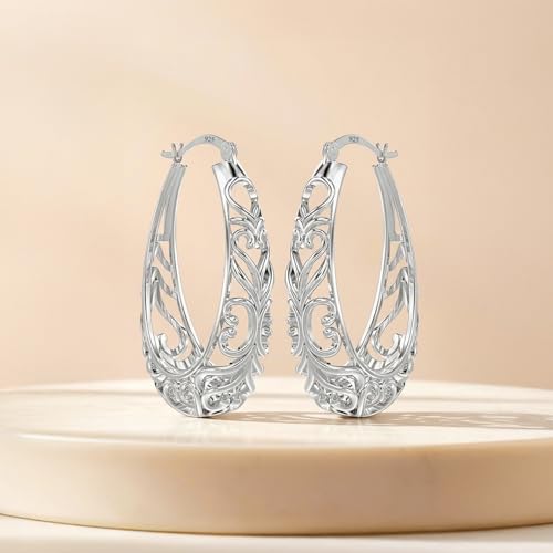 LeCalla 925 Sterling Silver Chunky Hoop Earrings | Filigree Heart Hoop Earrings for Women | Oval & Round Mesh Filigree Click-Top Hoops Earring | Hypoallergenic Earrings for Women - color: Silver Oval Heart Filigree 28MM