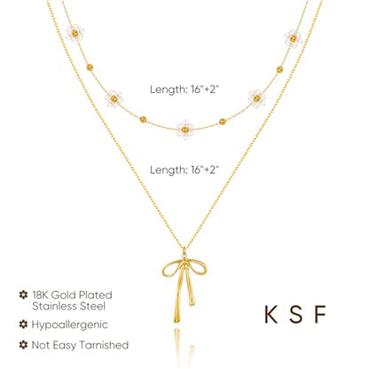 KSF Gold Lariat Necklace for Women Y Shaped Layered CZ Drop Chain | Y shaped necklace; Layered CZ detail; Long lariat style; Gift for her - color: Gold-Bow