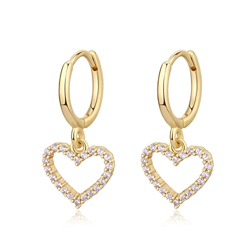 DAILY VIBES Cute Gold Mini Dangle Huggie Hoop Earrings for Women Trendy | 14K Gold Plated, Dainty Cubic Zirconia, Small Hoop Earrings with Charm Drop, Jewelry Gift for Women Ladies - color: Hollow Heart CZ