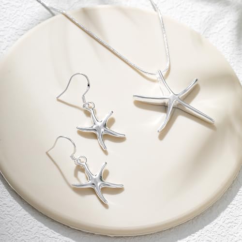 3 Circles Silver Hoop Earrings Necklace Set for Women Geometric Jewelry Set | 925 Silver Hypoallergenic Small Hoop Circle Geometry Textured Finish Minimalist Style Comfortable Wear - style: Starfish
