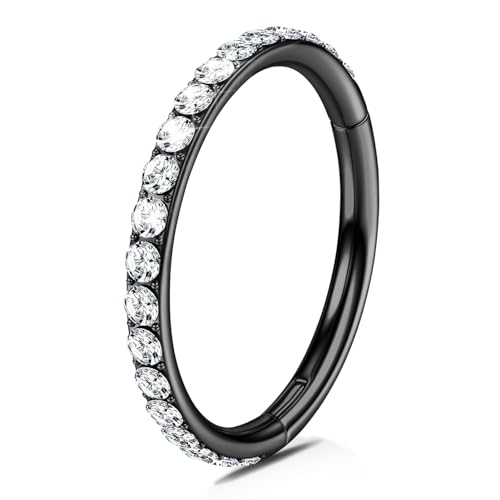 WBRWP 316L Stainless Steel Nose Hoop Rings Clicker with Zircon/Opal 14g-20g | Hypoallergenic Nose Rings Segment Clicker Lip Rings Cartilage Rook Conch Earrings Diameter 5mm-10mm - color: Black ring with zircon -1pc Pack