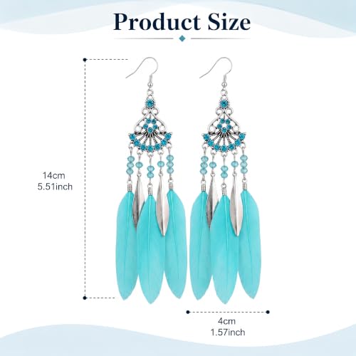 FRESHME Feather Earrings for Women - Native American Jewelry Boho Dangle Ethnic Indian Ear Drop for Music Festival Birthday - color: Blue