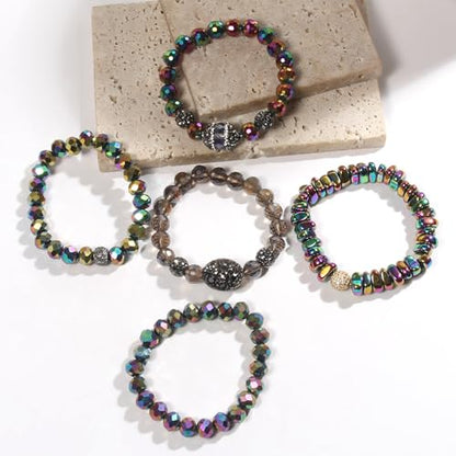 Yomisa 5PCS 6PCS Natural Boho Beaded Bracelets/Bangle for Women Men,Healing Turquoise Jasper Agate Crystal Gemstone Stone Chakra Multilayer Wrap Bohemian Handmade Jewelry Beads Stretch Bracelet Set - color: 5PCS-hematite