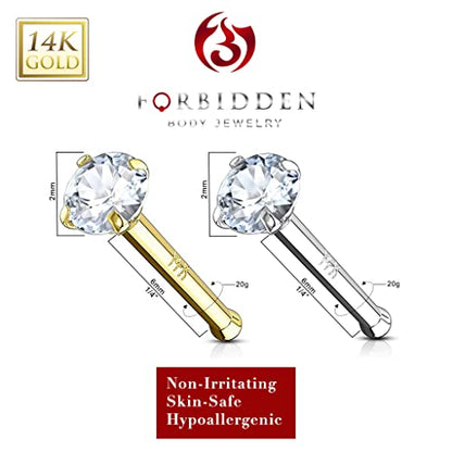 Forbidden Body Jewelry 14k Gold Nose Ring, 20g, Solid 6mm Stud, 2mm CZ Simulated Diamond, Non-Irritating Skin Safe Real Gold, Women and Men - color: 2pcs: 14k White/Yellow Gold
