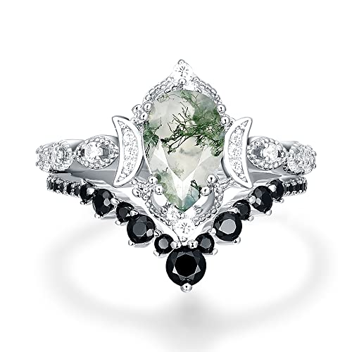 Moss Agate Bridal Wedding Rings Set for Women 925 Sterling Silver | Plated Platinum/Black Gold, Gothic, Vintage, Engagement Promise Ring, Anniversary Valentine Day Birthday Gift for Her - style: Platinum Plating New Moon Halo Ring