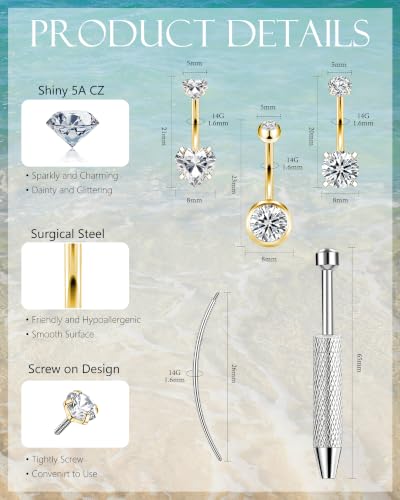 ONESING 14G Belly Button Rings Hypoallergenic Surgical Stainless Steel Belly Rings for Women Round Heart Teardrop Cubic Zirconia 12MM Navel Piercing Jewelry Barbell Studs with Tools - color: Gold A-14G