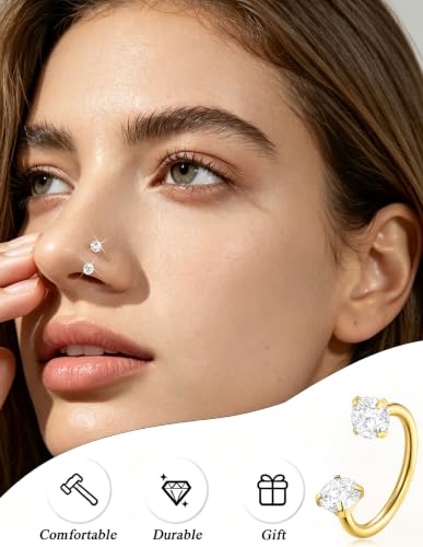 Akeoqi Horseshoe Nose Ring 20G 316L Surgical Steel Double CZ Internally Threaded Cartilage Helix Tragus Earrings for Women Men Septum Nostril Lip Eyebrow Piercing 8MM Gold Silver Plated - color: Gold-20G-8MM-White Clear CZ