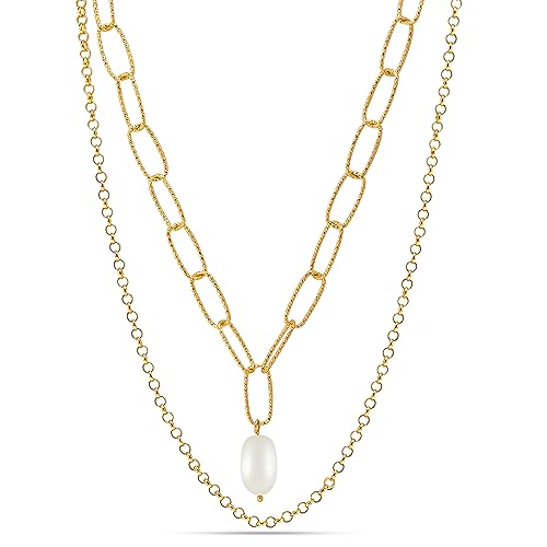 LeCalla Italian Sterling Silver Layered Necklace Handmade Multi Row Layering Necklaces for Women - color: Freshwater Pearl PaperClip Layered