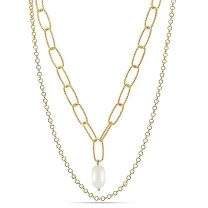 LeCalla Italian Sterling Silver Layered Necklace Handmade Multi Row Layering Necklaces for Women - color: Freshwater Pearl PaperClip Layered