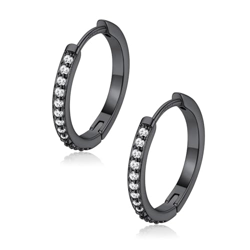 FaithHeart 925 Sterling Silver Post Small CZ Huggie Hoop Earrings for Women | Hypoallergenic Small Cubic Zirconia Hoop Earrings, Silver/Black/Gold/Rose Gold Huggie Earrings, 8-20mm with Gift Box - color: Black, size: 14mm