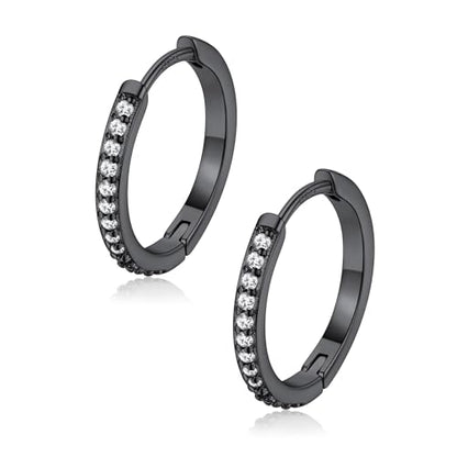 FaithHeart 925 Sterling Silver Post Small CZ Huggie Hoop Earrings for Women | Hypoallergenic Small Cubic Zirconia Hoop Earrings, Silver/Black/Gold/Rose Gold Huggie Earrings, 8-20mm with Gift Box - color: Black, size: 14mm