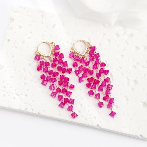 Fringe Hoop Dangle Earrings, Long Beads Tassel Chain Earrings for Women Sparkly Chandelier Earrings - color: Hot Pink